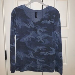 Blue Camo Long Sleeve Top with Glitter Neckline